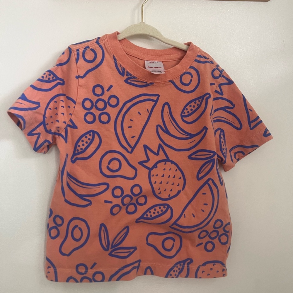 Hanna Andersson 100% cotton boys short sleeve Coral Tee w/ fruit detail no flaws